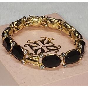 Monet Bracelet Vintage1980s Faceted Black Stones Bezel Rhinestones Gold-Tone